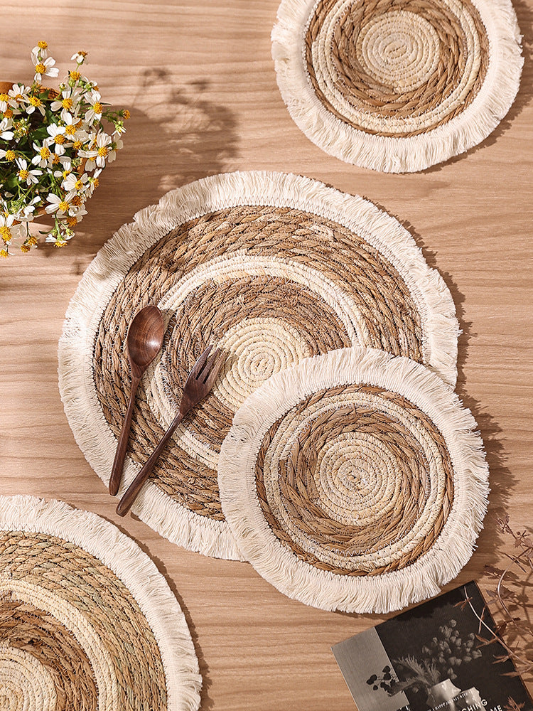 Tapis de Table Rond en Paille avec Franges