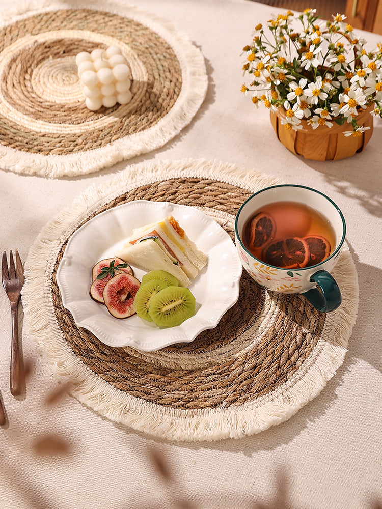 Tapis de Table Rond en Paille avec Franges