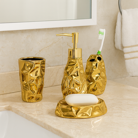 Set d’Accessoires de Salle de Bain en Céramique Dorée