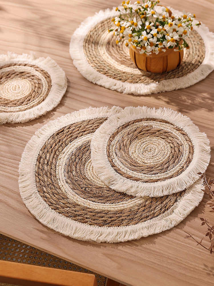 Tapis de Table Rond en Paille avec Franges