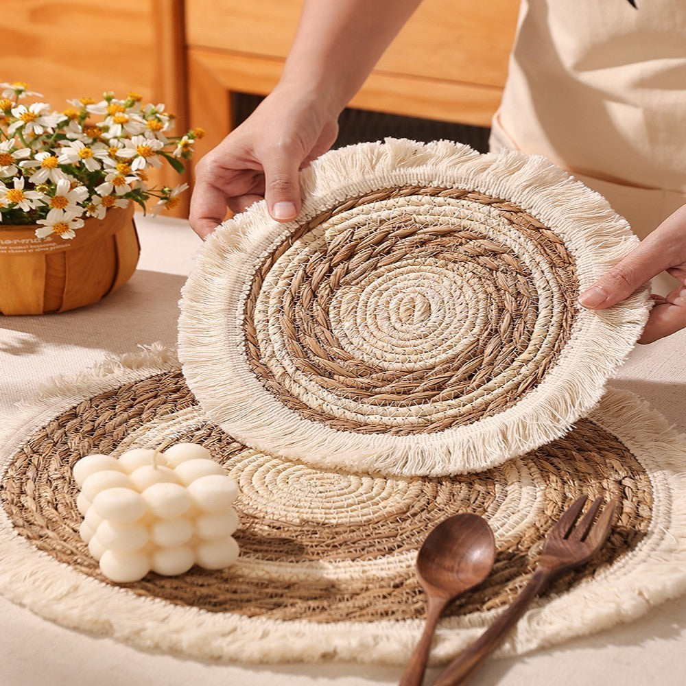 Tapis de Table Rond en Paille avec Franges