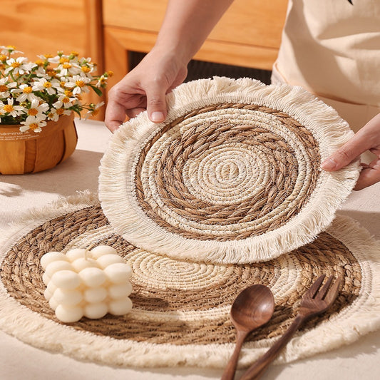 Tapis de Table Rond en Paille avec Franges