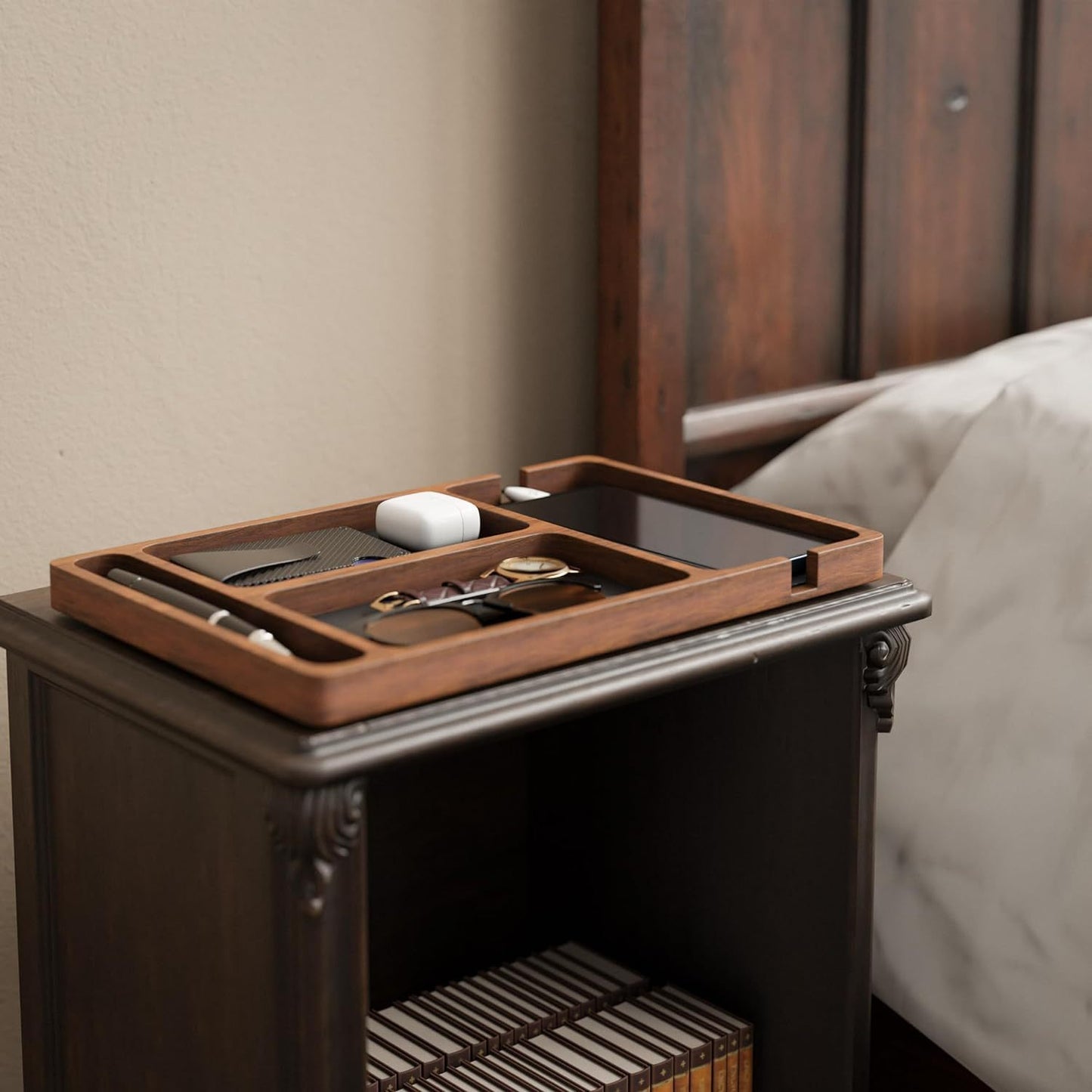 Boîte de Rangement en Bois Massif pour Téléphone, Lunettes, Montre et Accessoires