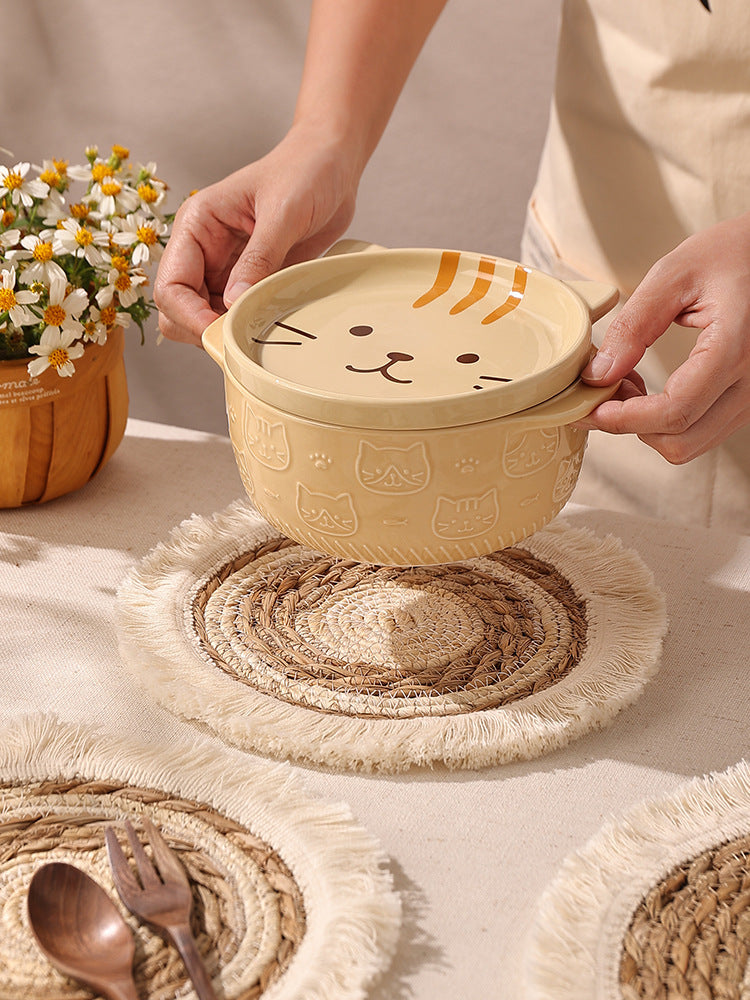 Tapis de Table Rond en Paille avec Franges