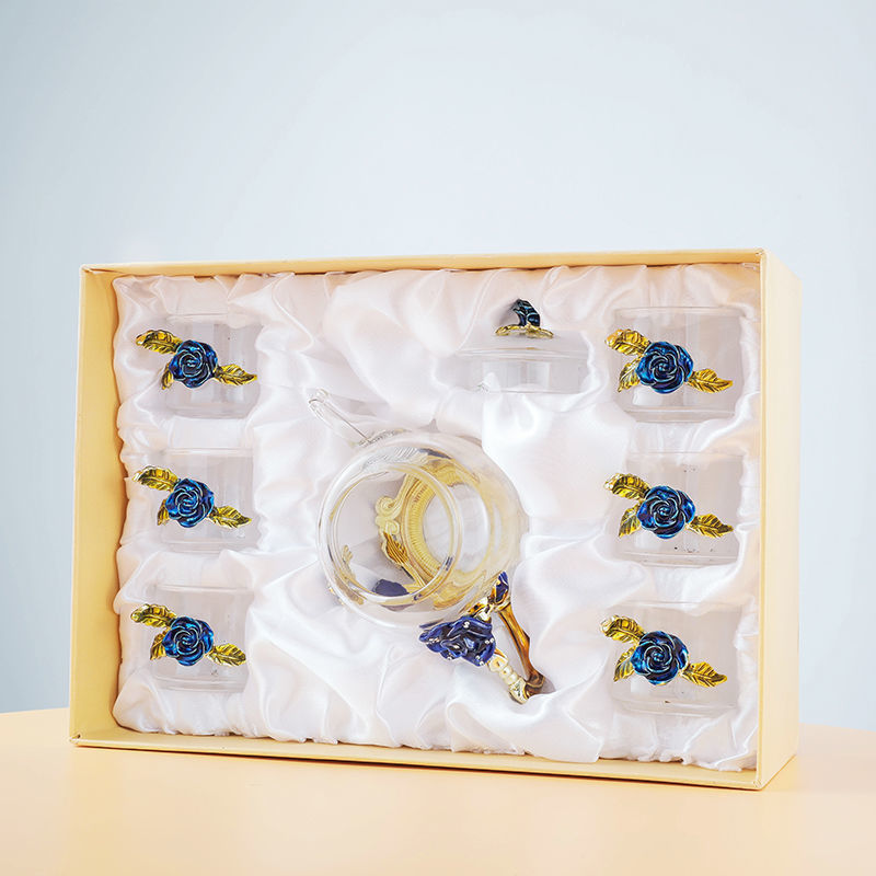 Service à thé chinois en verre avec 6 tasses et boîte cadeau