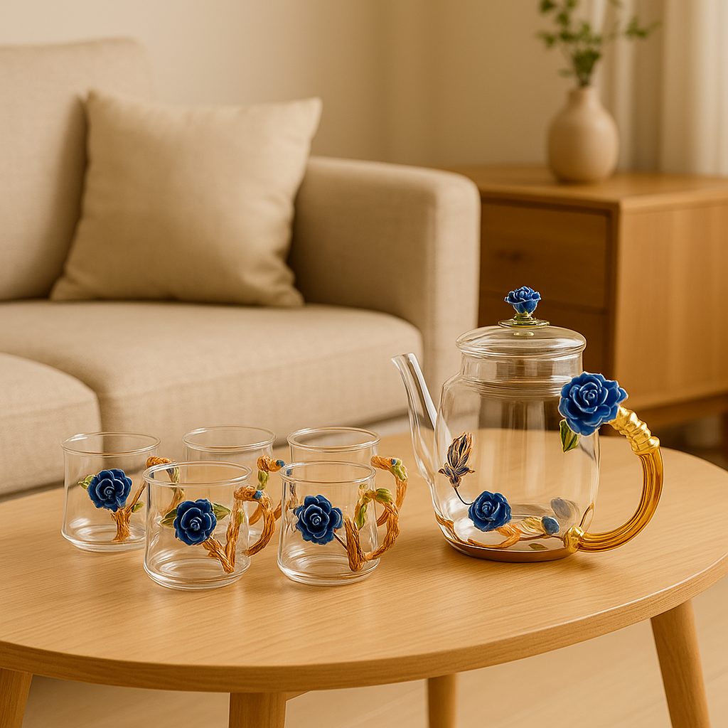 Service à thé chinois en verre avec 6 tasses et boîte cadeau